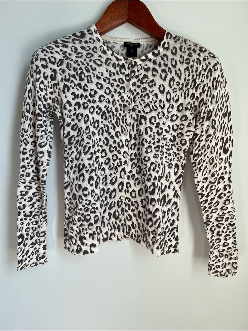 Ann Taylor | Cream & Gray Leopard Print Button-Front Cardigan Sweater Sz XSP